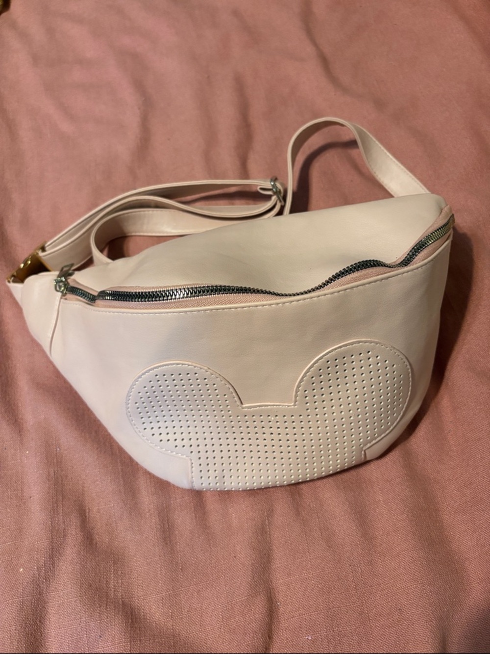Cream Pink Faux-Leather Crossbody Belt Bag with Perforated Mickey Accent